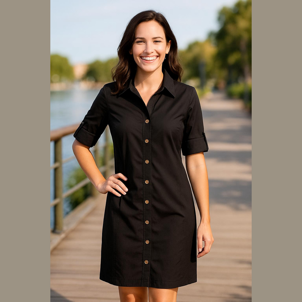 Deep Black Doncaster Black Button-Up Dress With Roll Up Sleeves
